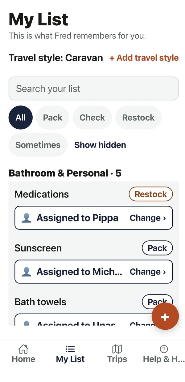 My List for a caravan, with Pack, Check, Restock and Sometimes filters, a search box, and Bathroom and Personal items: medications assigned to Pippa and sunscreen assigned to another crew member